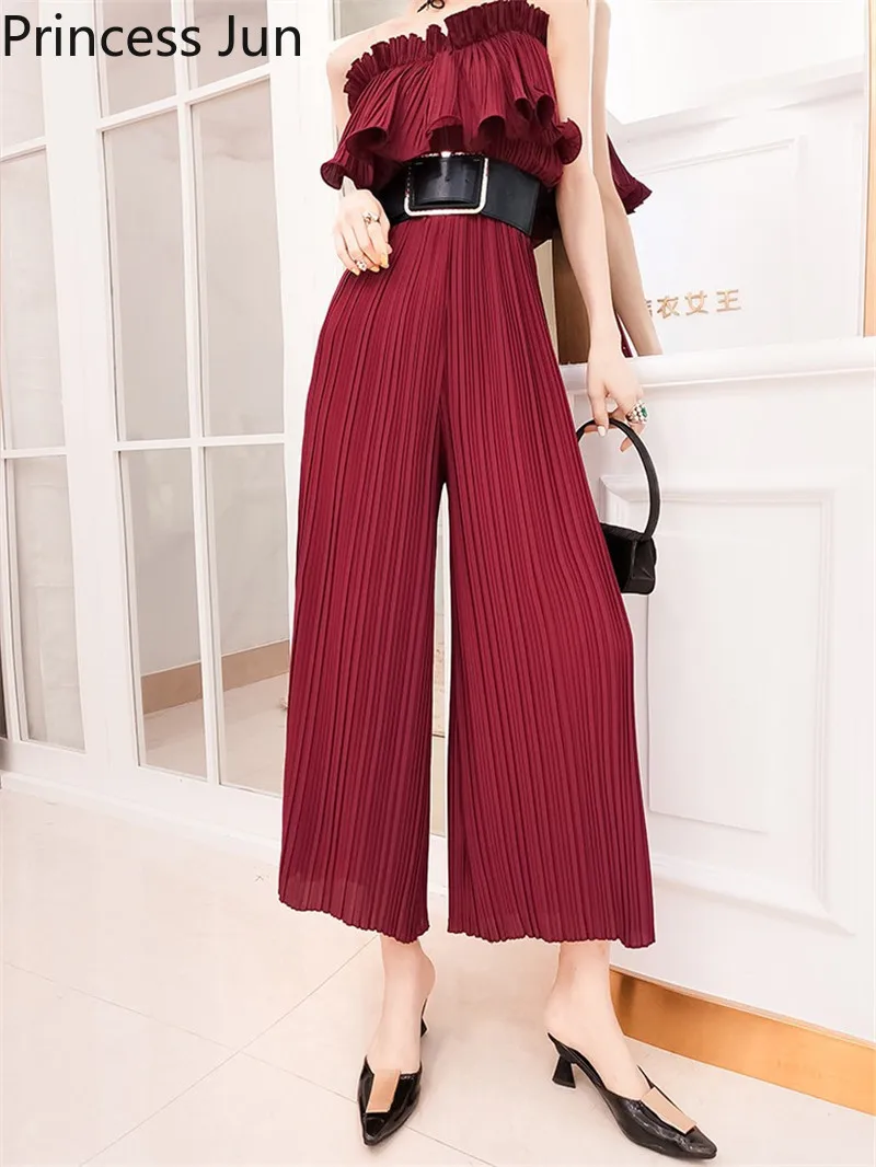 

Summer Women Slash Neck Jumpsuits Fashion Strapless Sexy Pleated Playsuits Sleeveless Loose Casual Wide Leg Pants Bodysuits