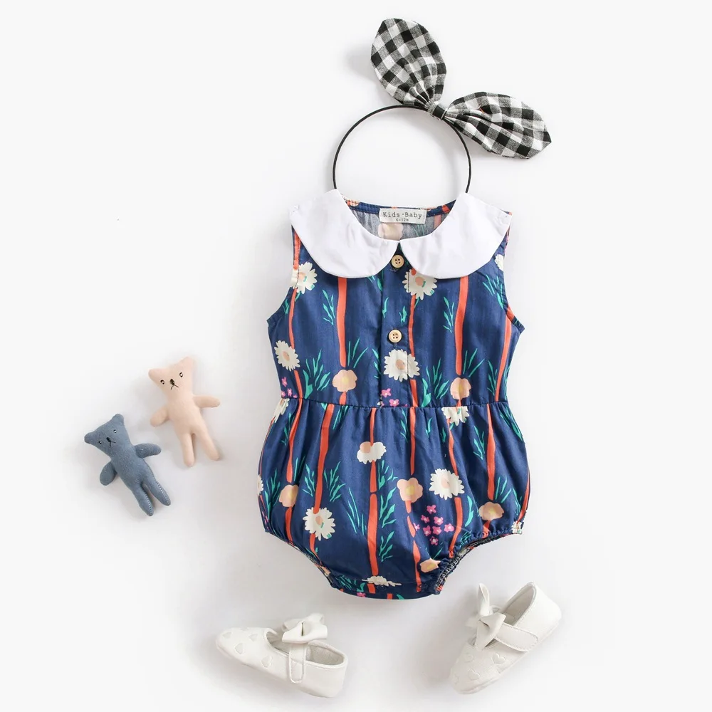 

Cotton Jumpsuit Peter Pan Collar Princess Flowers Newborn Kids Infant Baby Girls Clothing Toddler Children Bodysuit Sleeveless