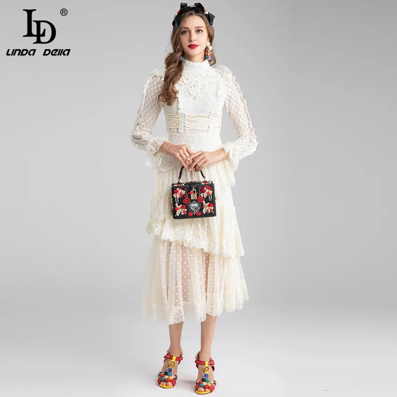 

LD LINDA DELLA 2021 Fashion Designer Autumn Dress Women's Embroidered Flare Sleeve Elegant Ruffles Long Lace Party Dress