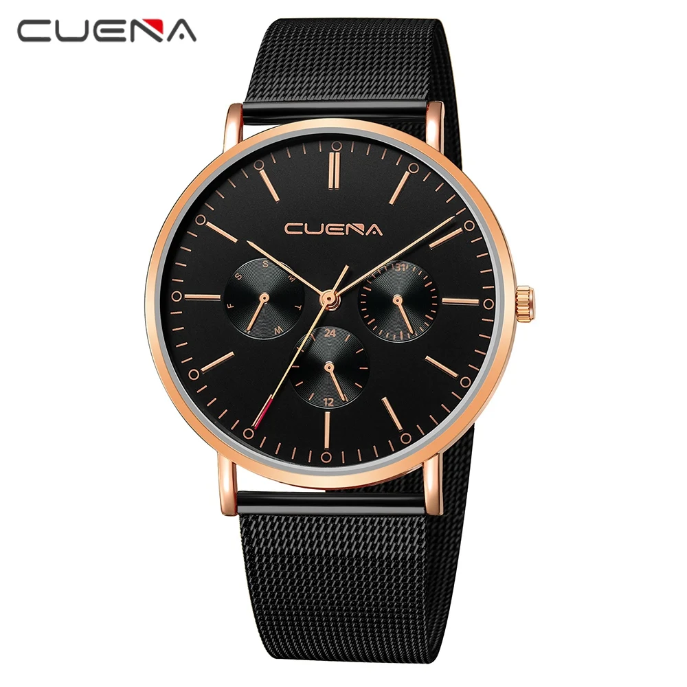Мужские наручные часы CUENA брендовые деловые из нержавеющей стали с сетчатым