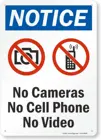 Предупреждение о отсутствии камер, сотового телефона, видеосигнала SmartSign S8871Pl12, Пластиковый черныйсинийкрасный на белом цвете, 8x12 дюймов