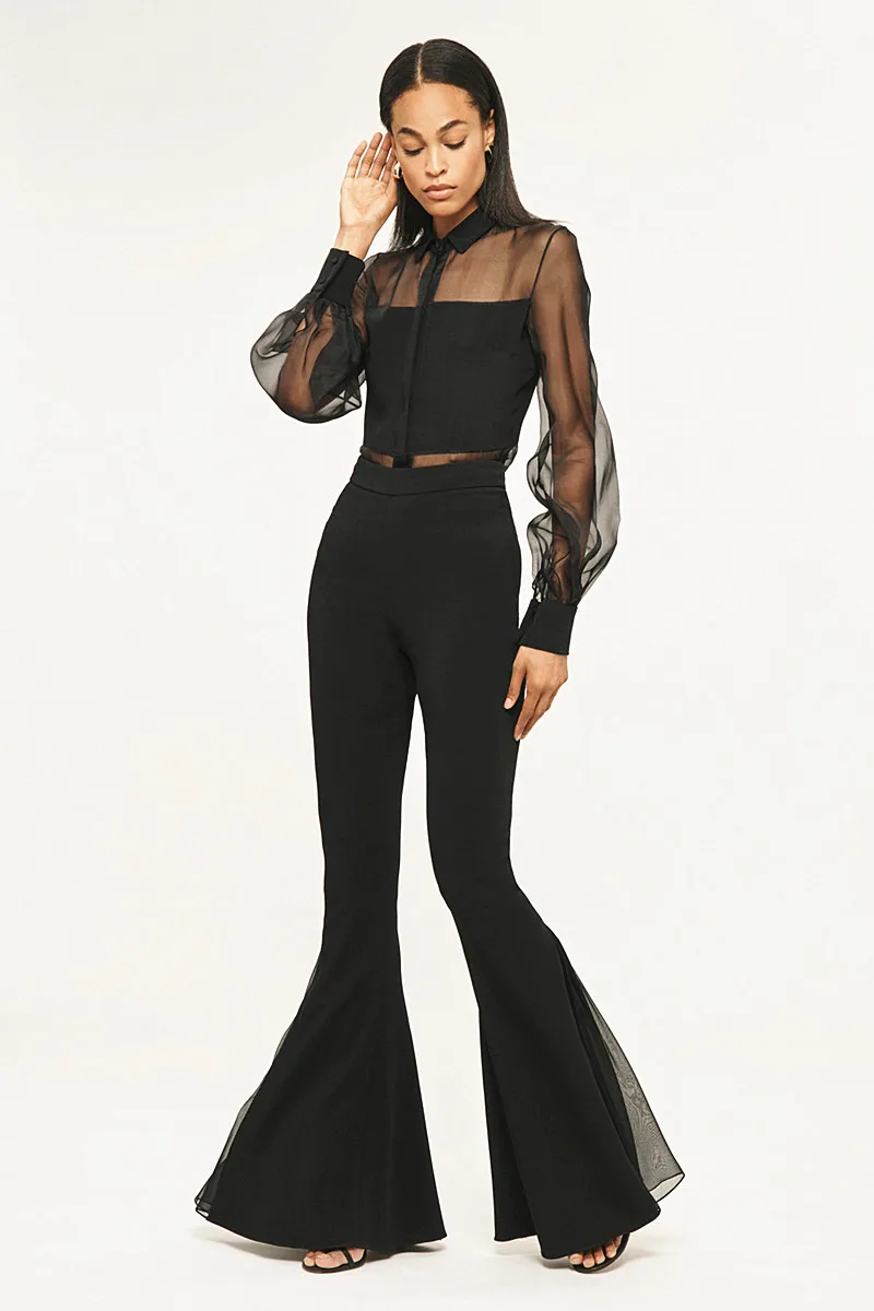 women's Floor length trousers European high-quality slim pants split with chiffon mesh stitching design big flare pants F1357