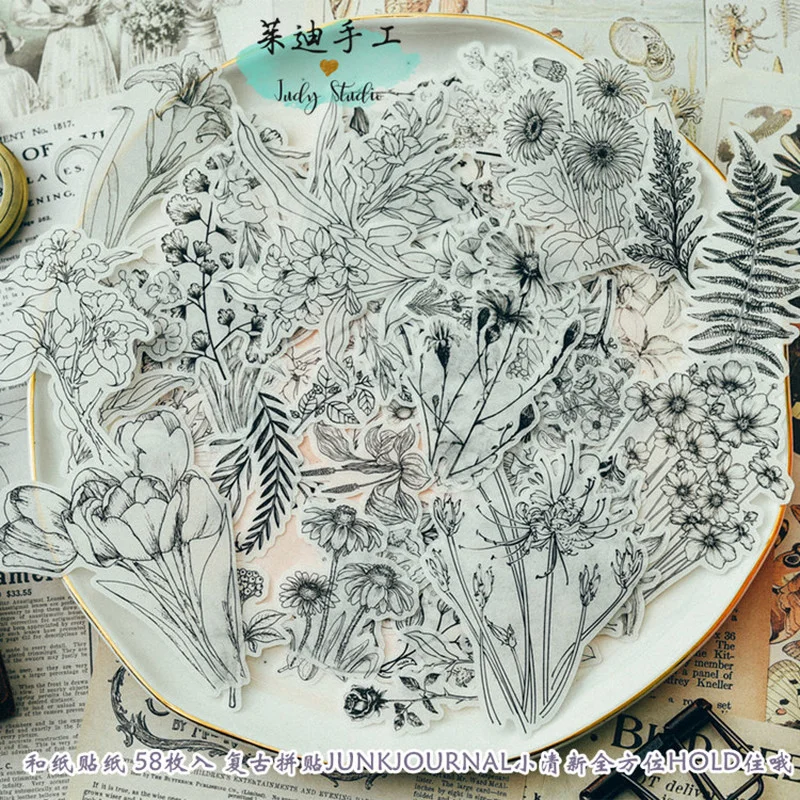 Винтажные Стикеры для рисования растений черно белые эстетические наклейки