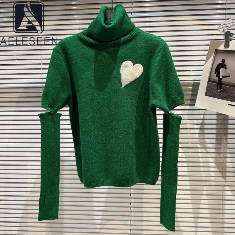 

AELESEEN Fashion Designer 2022 Spring Knitting Top Women Turtleneck Love design oversleeve Black White Green Top