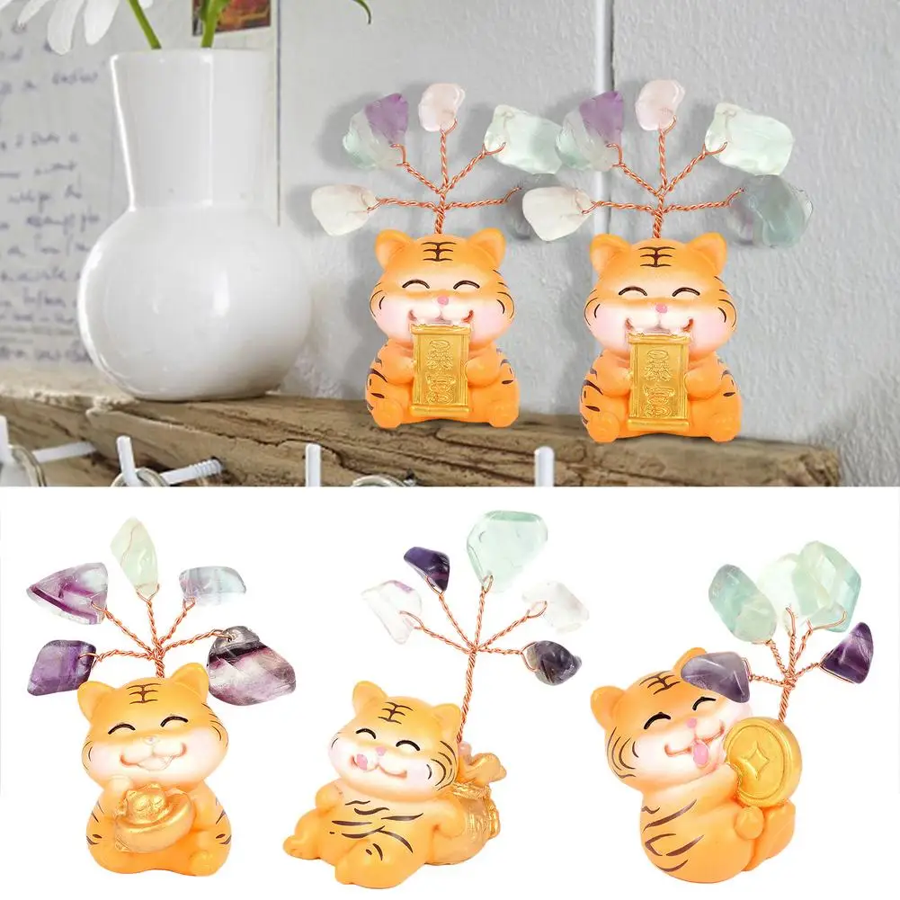 

Lucky Zodiac Tiger Resin Craft Ornament Natural Amethyst Fluorite Stone Tree Chinese Year Of The Tiger 2022 New Year Home Decor