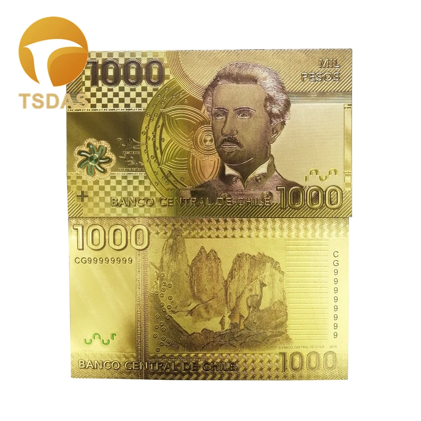 Цветные золотые банкноты Чили 1000 Pesos с покрытием 24 каратным золотом поддельные