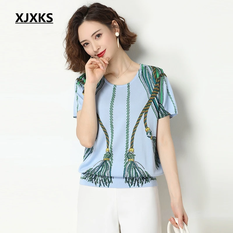 

XJXKS New T Shirt Women Print Tops Harajuku Tshirt Summer Short Sleeve Knitted Thin T-shirt Camiseta Feminina