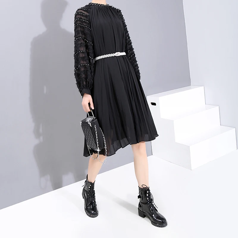 * Новое однотонное черное 2019 Женское зимнее модное плиссированное платье и пояс