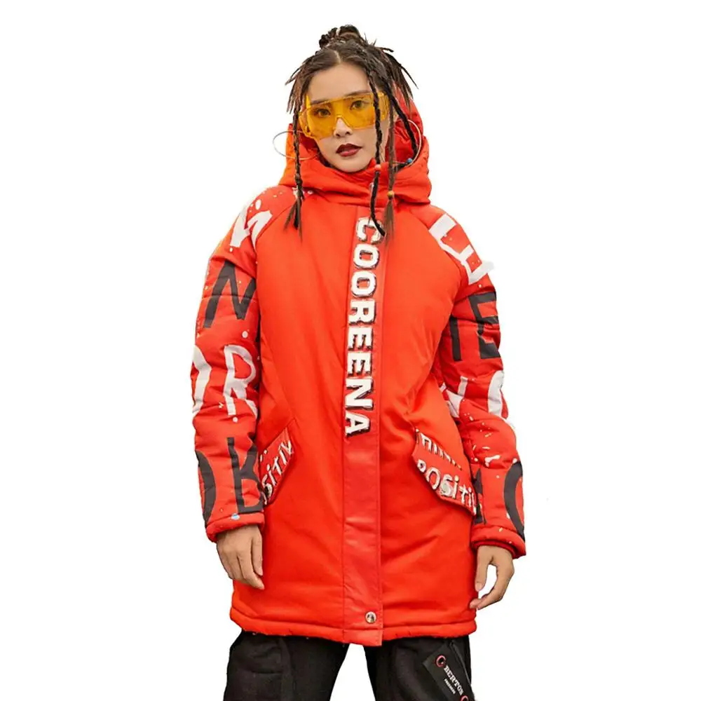 Женская зимняя теплая куртка с капюшоном парка красного цвета принтом Liberty