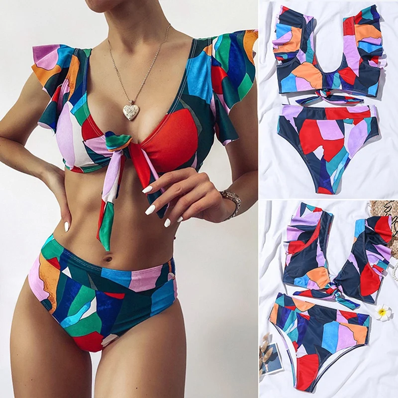 

Kili Sexy Ruffle Bikini Geometry Print Swimsuit Women High Waist Swimwear Women Vintage Beach Wear Bathers