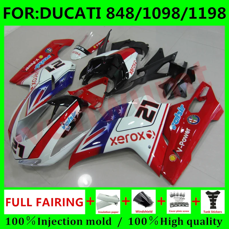 

New ABS Motorcycle Full Fairings Kit Fit for DUCATI 848 1098 1198 2007 2008 2009 2010 2011 2012 bodywork Fairing set red white