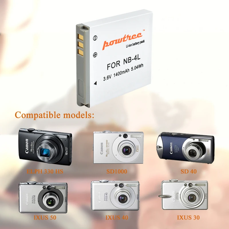 Запасной литий ионный аккумулятор POWTREE NB 4L 1400 мАч для цифровой камеры Canon IXUS 30 40 50 55