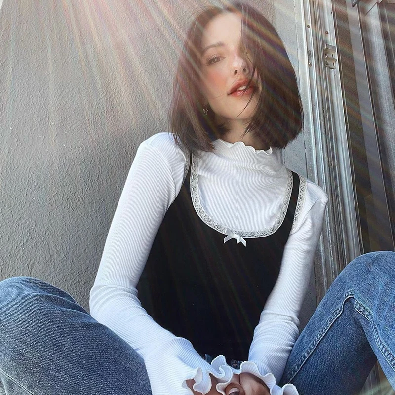 

WeiYao Lace Trim Cute Y2K T-Shirt Women Ruffles Frill Turtleneck Long Sleeve Autumn Tops Female Kawaii Fake Two Piece Baby Tee