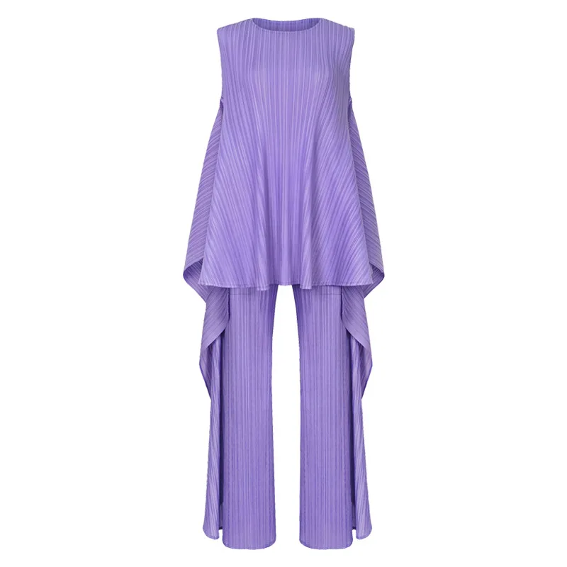 

Pant Suits Plus Size For Women 45-75kg Summer 2020 New Miyake Pleated Niche Design Comfortable Casual Tank Top Trousers 2PCS Set