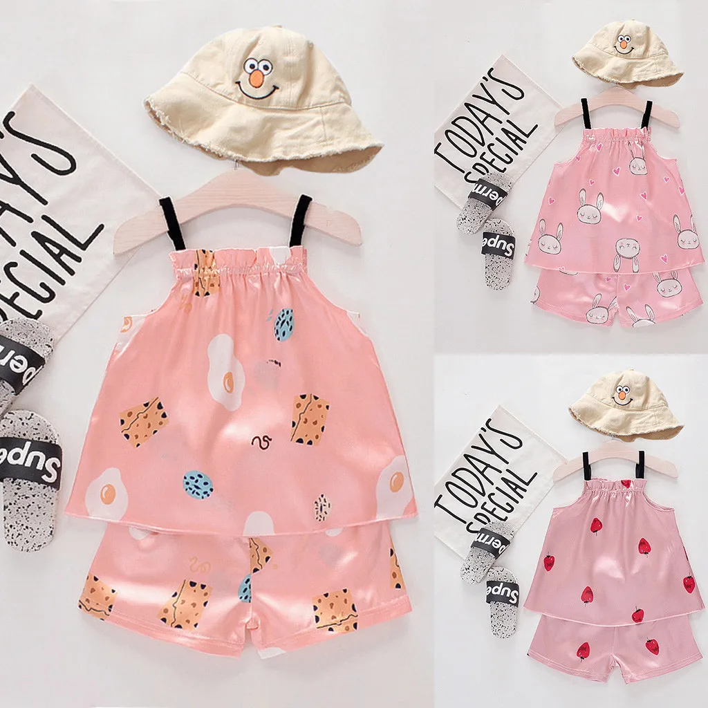 Пижамный костюм для девочек летний топ с принтом на бретельках + шорты модная