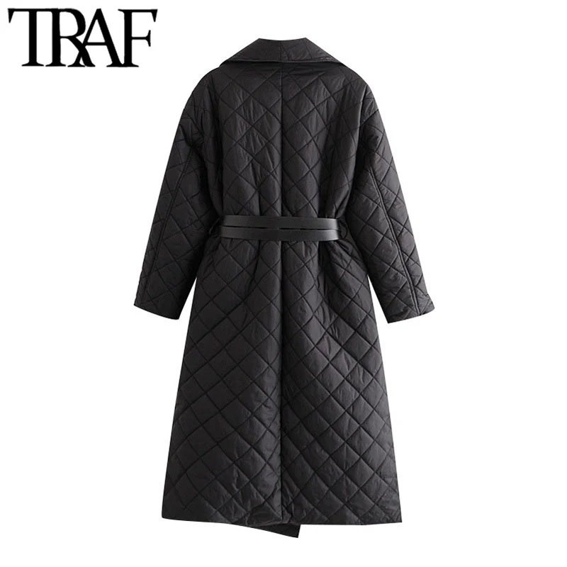 

TRAF Women Fashion Thick Warm With Belt Loose Padded Coat Vintage Long Sleeve Pockets Female Outerwear Chic Overcoat