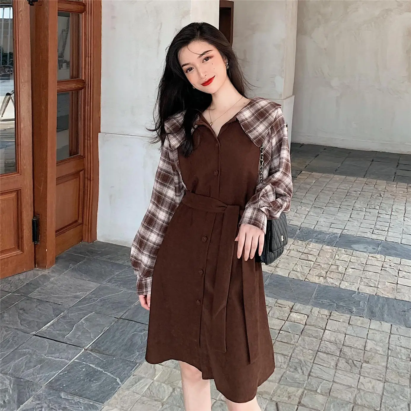 Клетчатые платья лидер продаж женское модное лоскутное винтажное платье рубашка