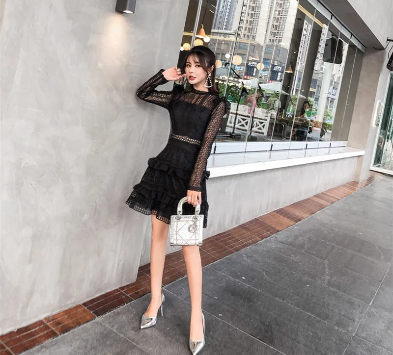 

Big Discount New Self Portrait Dress 2020Autumn Women Sexy Hollow out Long Sleeve Layered ruffles Elegant Mini Lace Dress