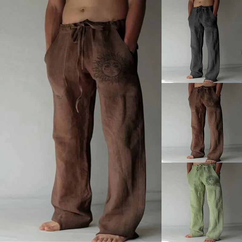 

Men's Cotton Linen Pants Male Summer Breathable Solid Loose Color Linen Trousers Casual Streetwear Elastic Waist Exercise Pant
