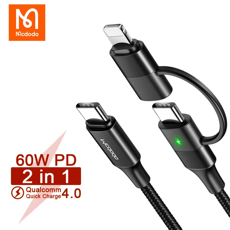 Mcdodo 60W PD USB Type C Cable for IPhone 12 11 Pro Max XR 8 IPad Macbook iOS Samsung Huawei 2 In 1 Phone Fast Charger Data Cord