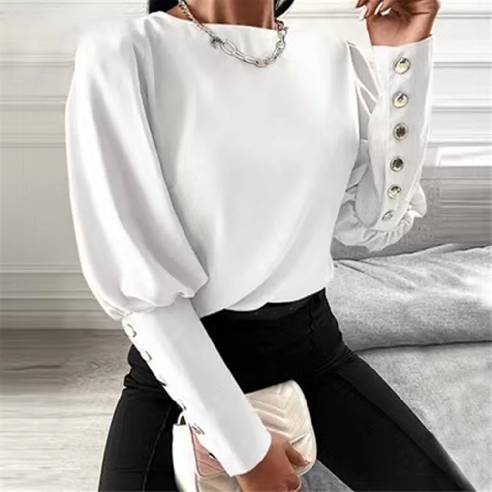 

Autumn New 2021 Womens Blouse Fashion Temperament Casual Solid Color Buttons Round Neck Lantern Sleeve Women Pullover