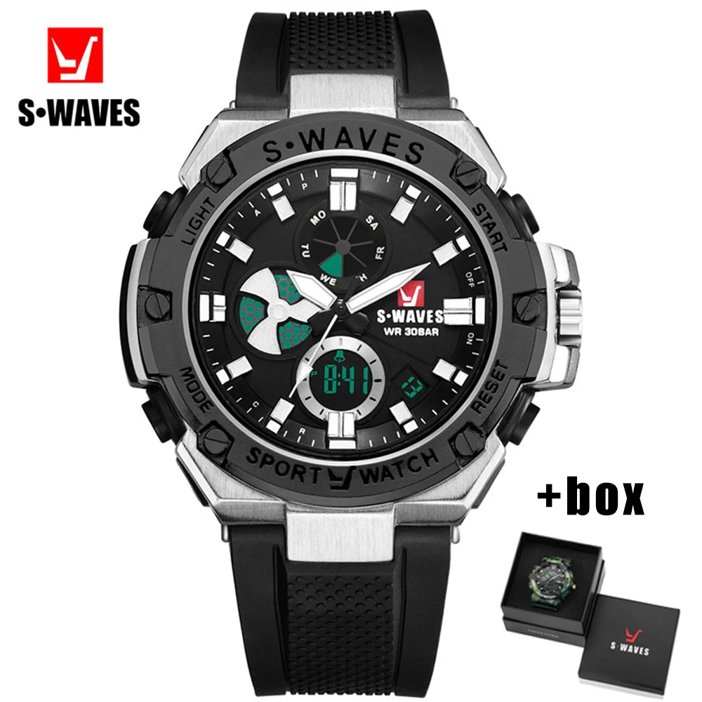 SWAVES ЖК наручные часы мужские водонепроницаемые электронные с двойным дисплеем