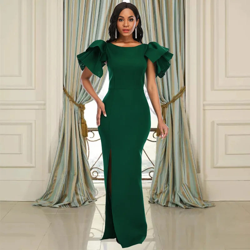 

Women Dresses 2023 New African Sleeveless Ruffle Slim Split Wedding Party Dress Elegant Evening Gowns Plus Size Ladies Clothing
