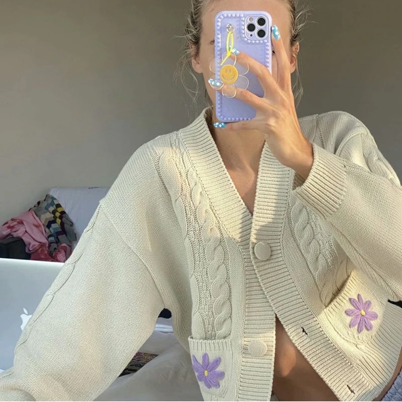 

Rapwriter Y2K Floral Cardigans Vintage Autumn Knitted Sweater Casual Single Breasted Crop Top 90s Women Streetwear Classic 2000s