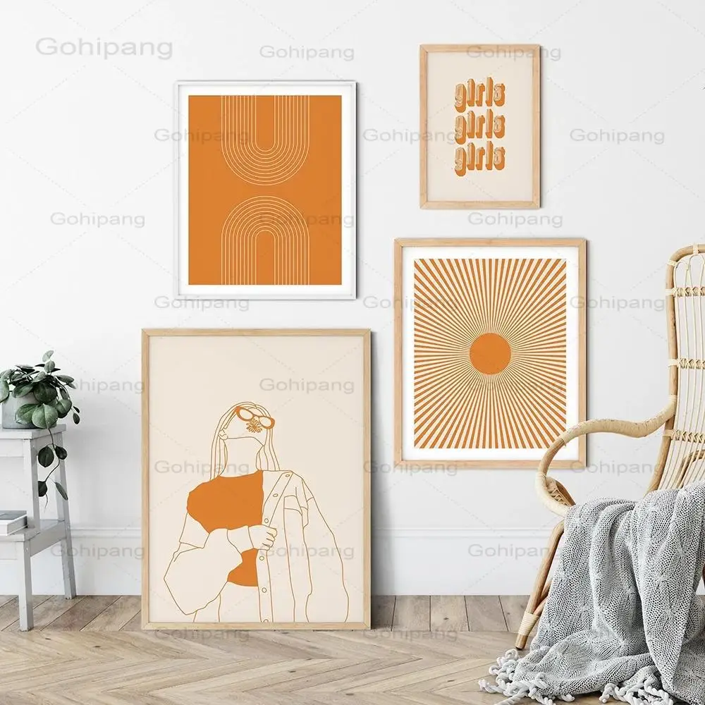 

Bundle Girls Sun Canvas Painting Retro 70s Style Wall Typography Posters Abstract Minimal Line Art Canvas Pictures Boho Poster