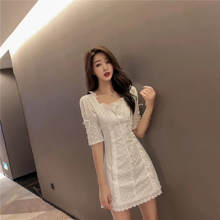 

COIGARSAM Women dress Belt Hollow Out Dresses White 3515