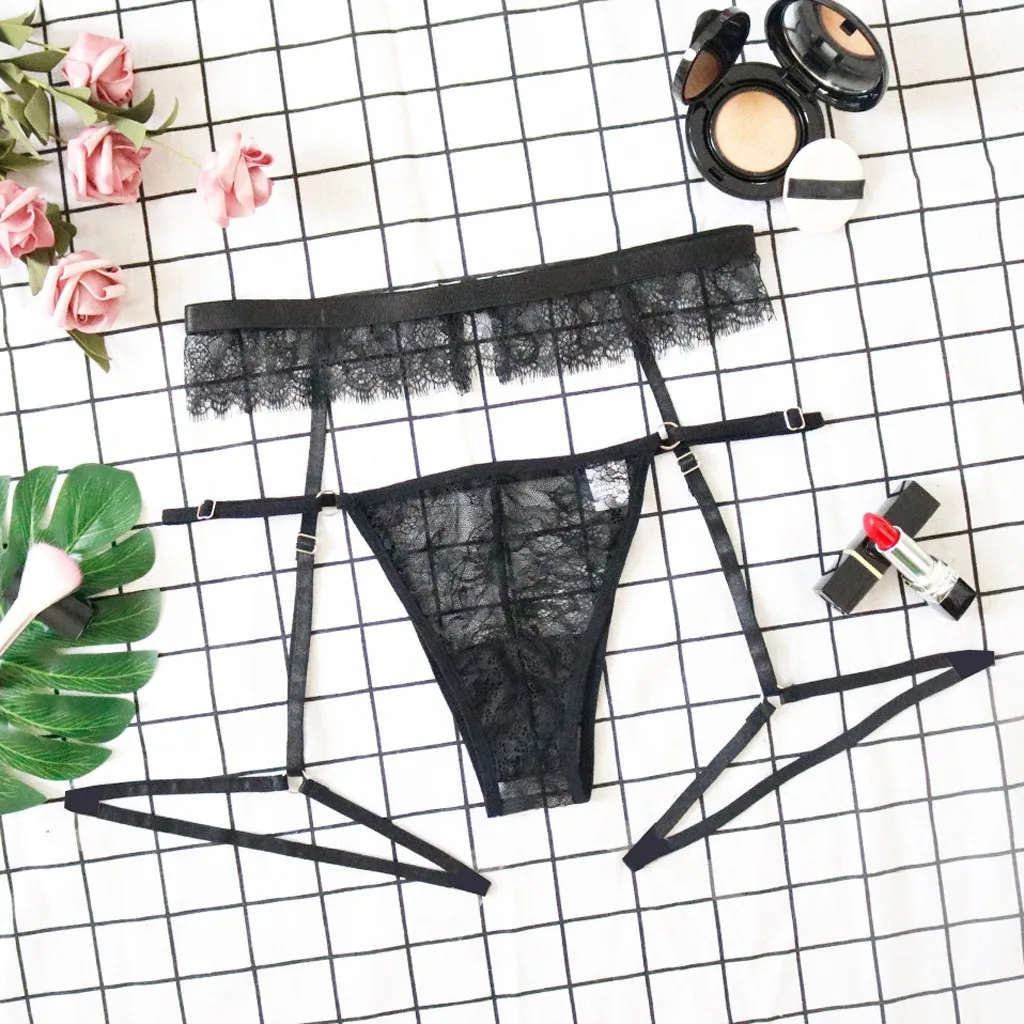 Комплект сексуального женского нижнего белья 3 шт. прозрачный черный Эротический