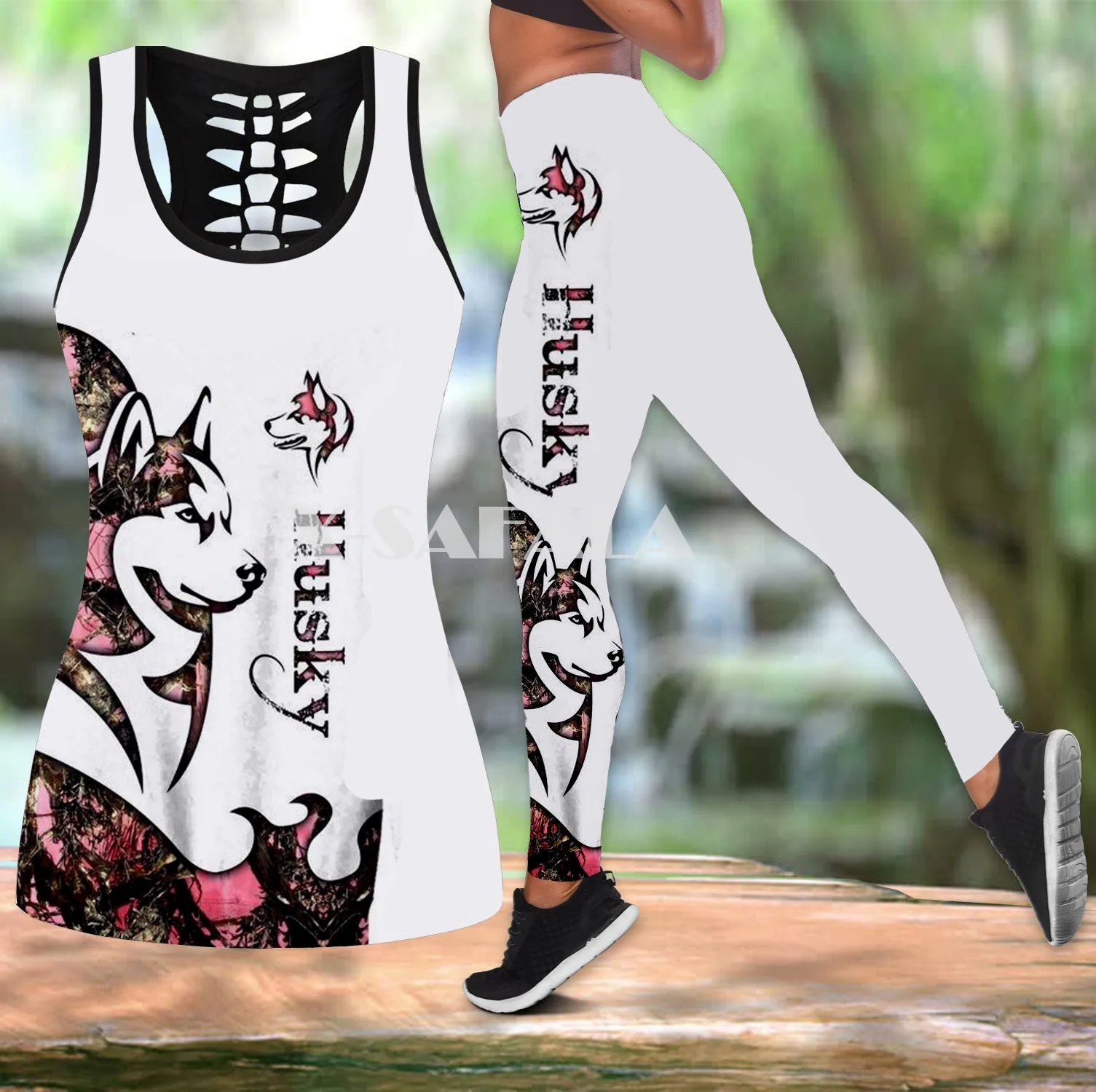 

HUSKY /AUSTRALIAN SHEPHERD DOG Two Piece Yoga Set Women 3D Print Hollow Out Tank Top High Waist Legging Summer Casual Sport