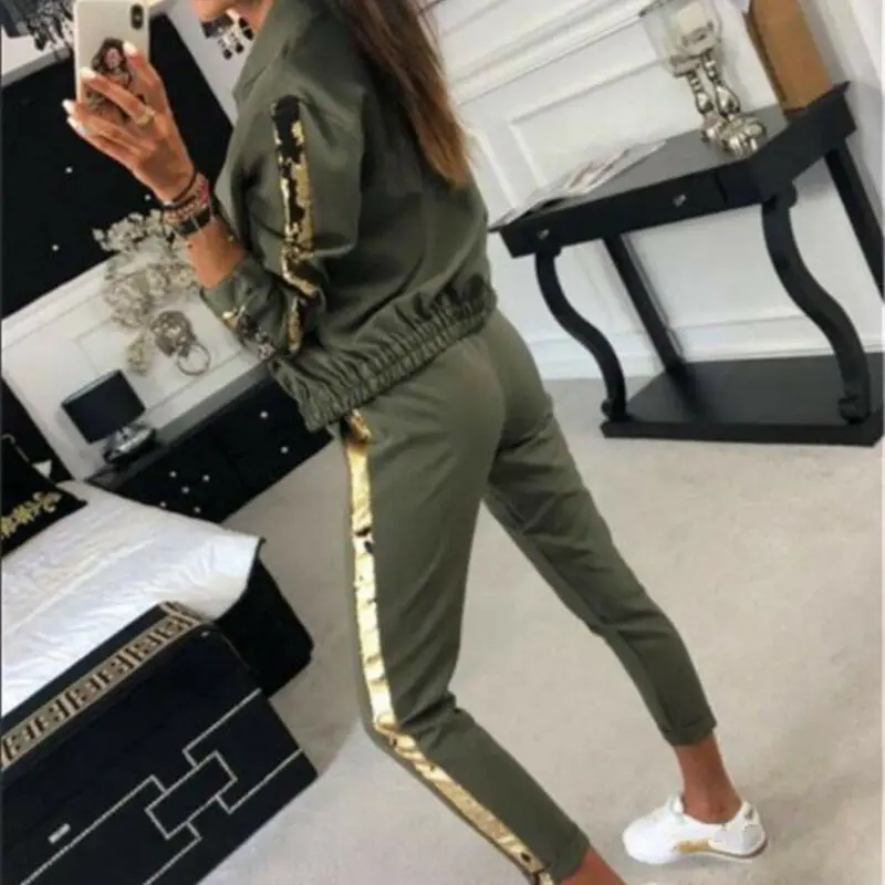 Женский спортивный костюм из 2 предметов комплект модной одежды с блестками на