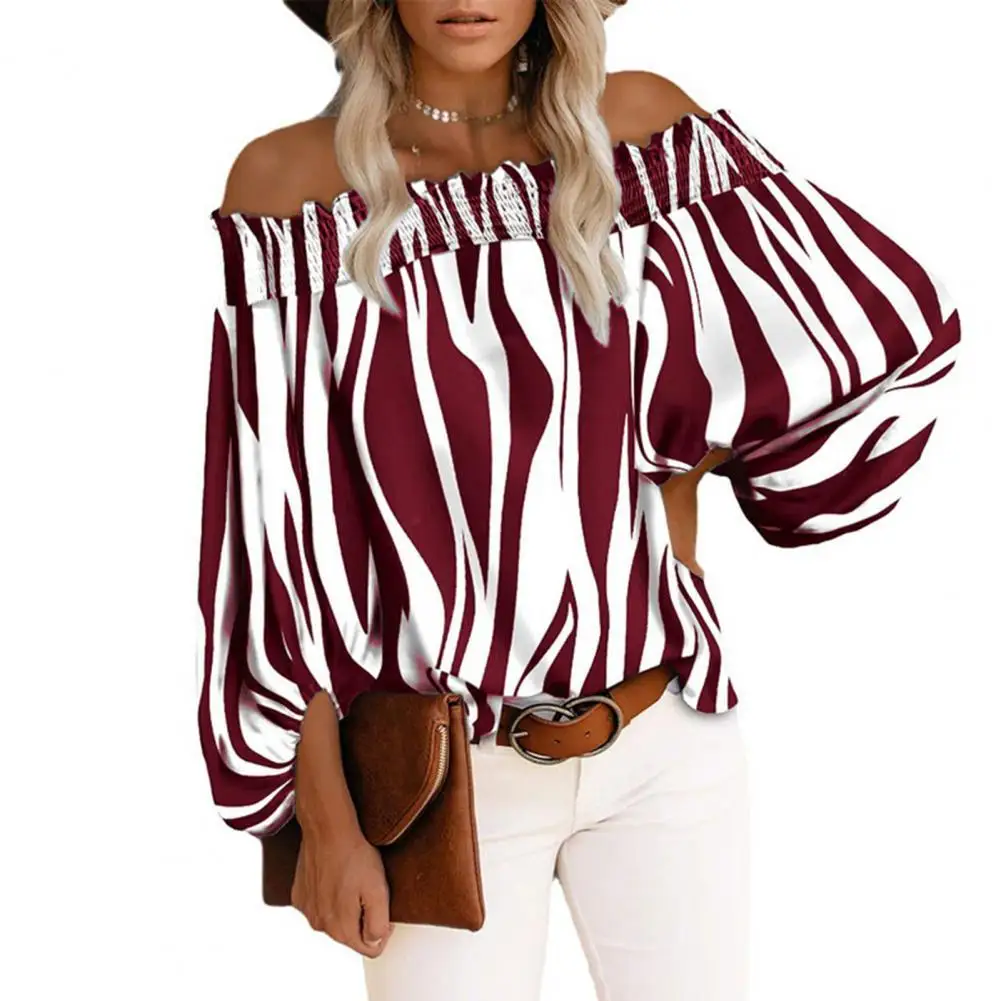 

Striped Print Women Blouse elegant Puff Sleeve Thin Off Shoulder Loose Fit Summer Women Shirt Pullover Top Black xxxxl 2021