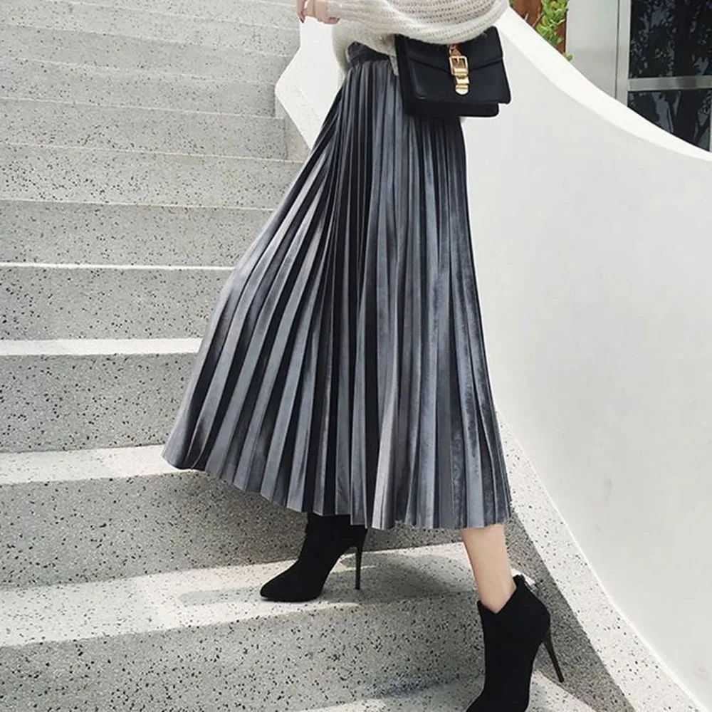 

Plain Mid-Calf Velvet Pleated Patchwork High Waist Women's Skirt Spring And Autumn Korean Fashion Ladies Long Skirt Mulit Color