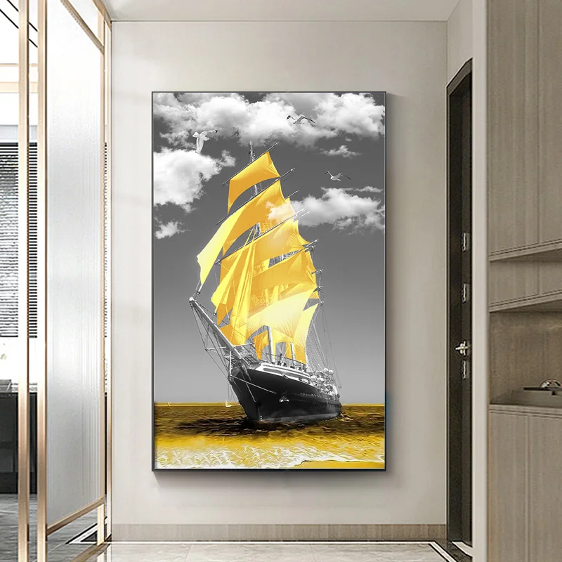 Фото Картина на холсте Золотой океан и парусник Постер принты Морского Пейзажа