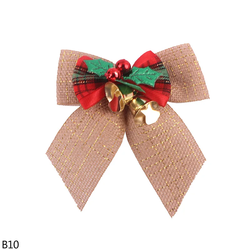 B10 8*8cm Christmas Bow With Mini Bells Christmas Tree Grid Bowknot Ornament for Xmas New Year Party DIY Gift Wrapping Decoration 8z - Цвет: B10