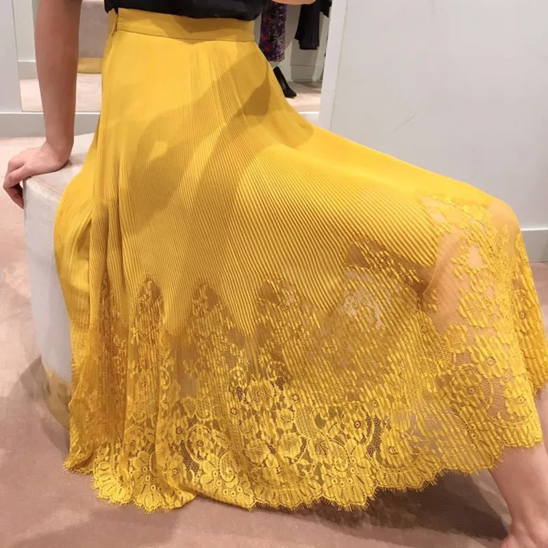 

Yellow Women Pleated Midi Skirt 2020 Spring Summer High Waist Lace Patchwork Female Long Skirts Clothes