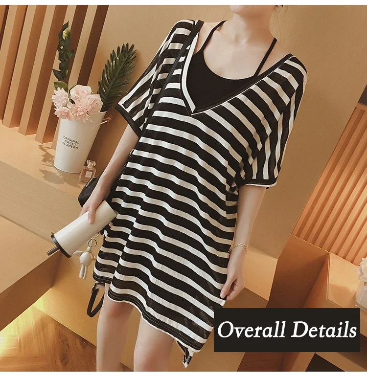 

2Pcs/Set Summer Casual Striped O-neck Short-sleeved Dress Black and White Striped Dresses Casual Elegant Sheath Slim Dress