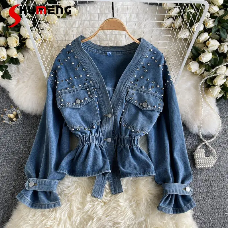 

Женская джинсовая куртка, короткая джинсовая куртка в корейском ретро-стиле, с V-образным вырезом и бусинами, осень 2021