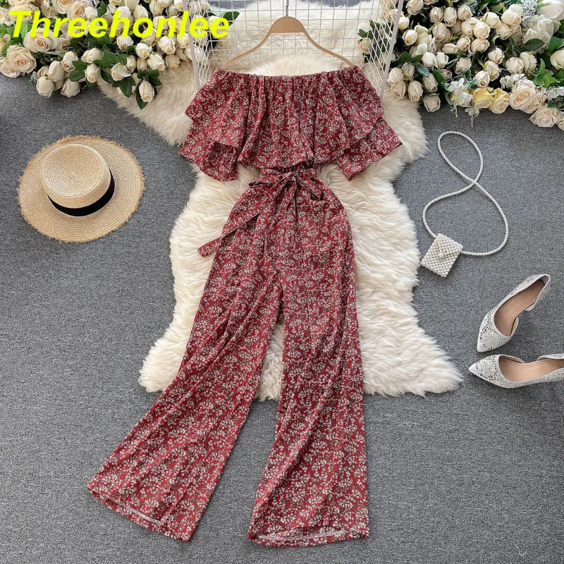 

Sweet Ruffled Jumpsuit Women One-line Collar Strapless Short-sleeve Retro Lace-up Waist Thinning Wide-leg Holiday Beach Jumpsuit