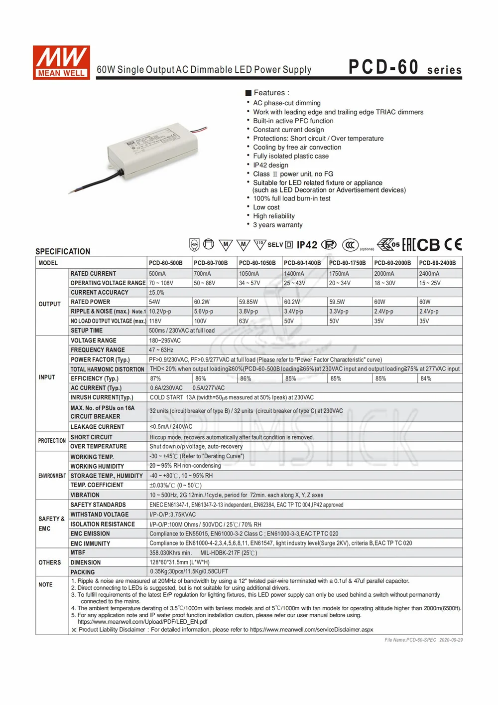 Meanwell PCD-60-1400B 43V 1400mA meanwell PCD-60 60 2 W одиночный выход Индикатор импульсный источник