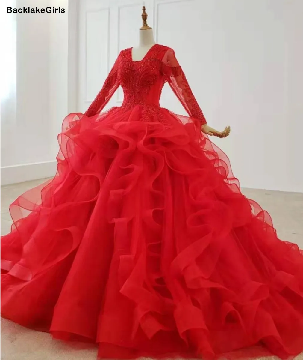 Красное Бальное Платье с v-образным вырезом длинным рукавом и бусинами