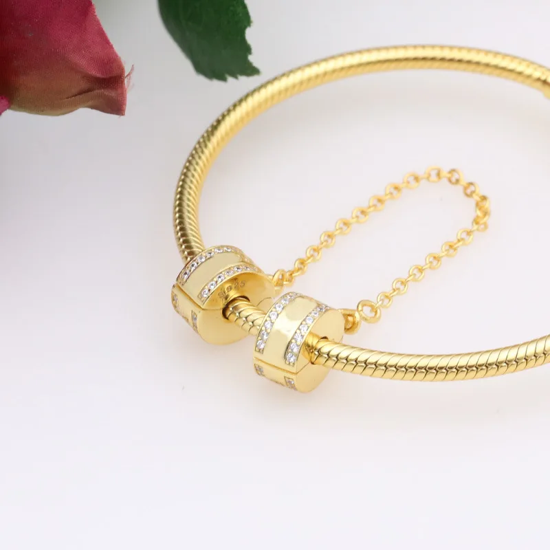

Original 925 Sterling Silver Charm Gold Color Insignia With Crystal Safety Chain Clip Beads Fit pandora Bracelet DIY Jewelry