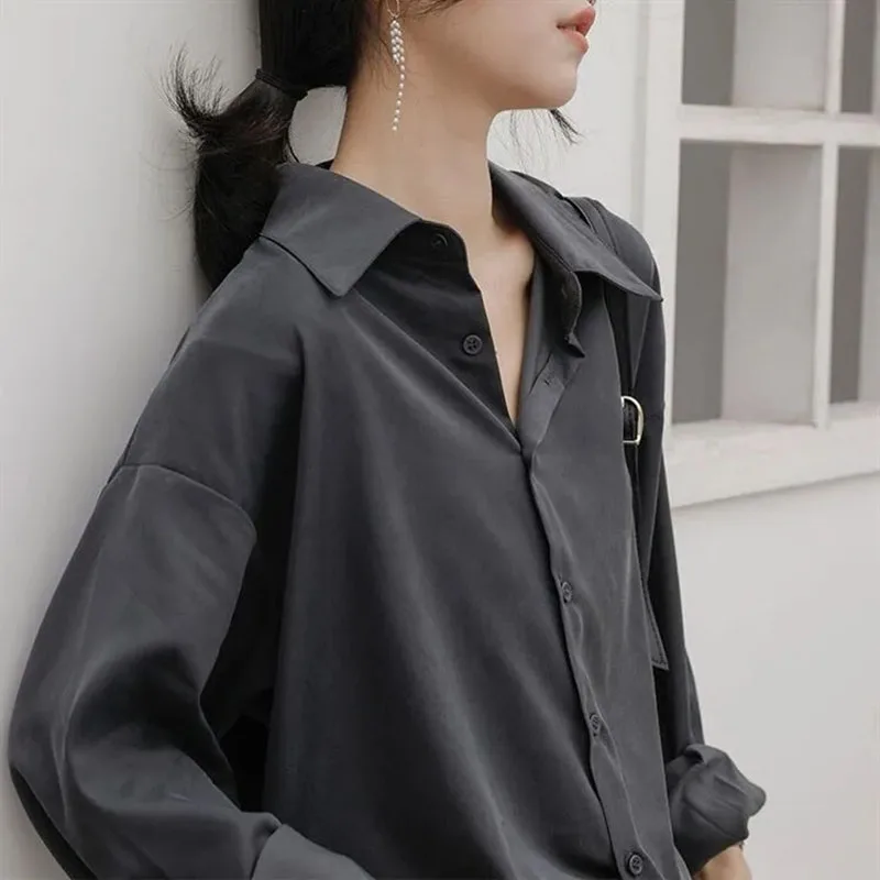 

Autumn Korean New Solid Loose Women's Shirts Square Collar Long Sleeve Chic Tops Large Size Button Slim Casual Female Blouses