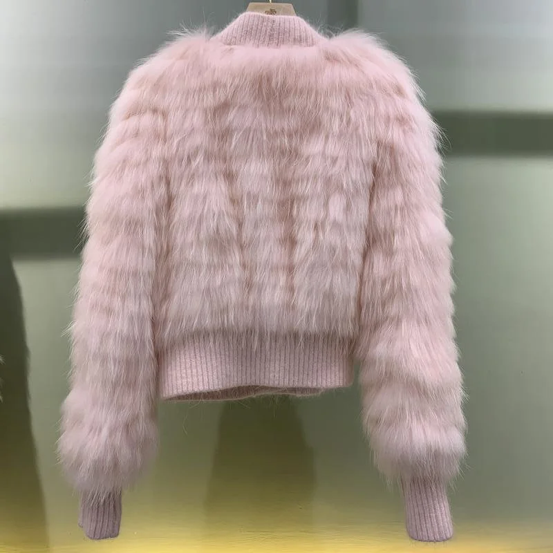 knit knitted Genuine Real raccoon fur coat jacket overcoat women's fashion Rhinestone buttons winter warm fur coat ourwear