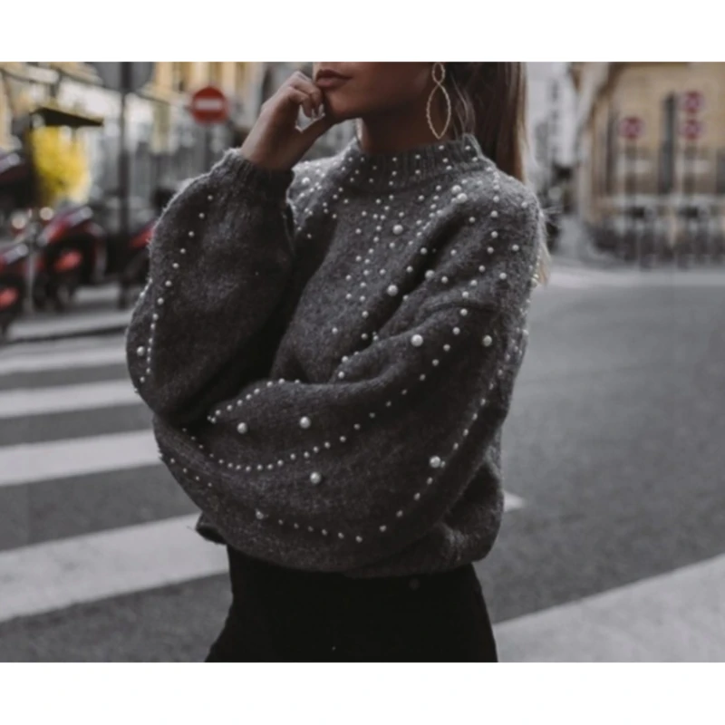 

Half Collar Sweater Autumn Winter Pearl Embellished Knitted Jumper Women's Sweaters Casual Loose Long Sleeve Pullovers Female