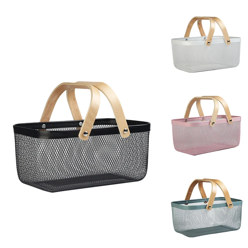 

Rectangle Wrought Iron Basket with Wood Handle Household Fruit Vegetable Sundries Handheld Storage Basket Organizer