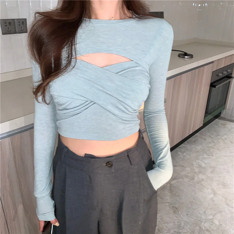 

Hollow Out T Shirts Autumn Style Sexy Low-cut Fashion Brand Women's Clothing Tees O-neck Long Sleeve Crop Top Slim Ladies New
