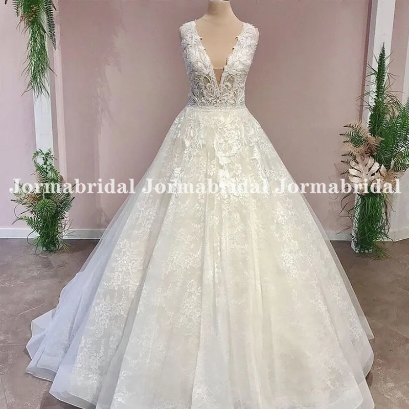 

Sleeveless V-Neck Lace Appliques Wedding Dress Illusion Bodice Ivory Tulle Princess Ball Gown Bride Dresses Robe De Mariée